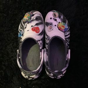 black and white fuzzy crocs with jiblits (barley used)